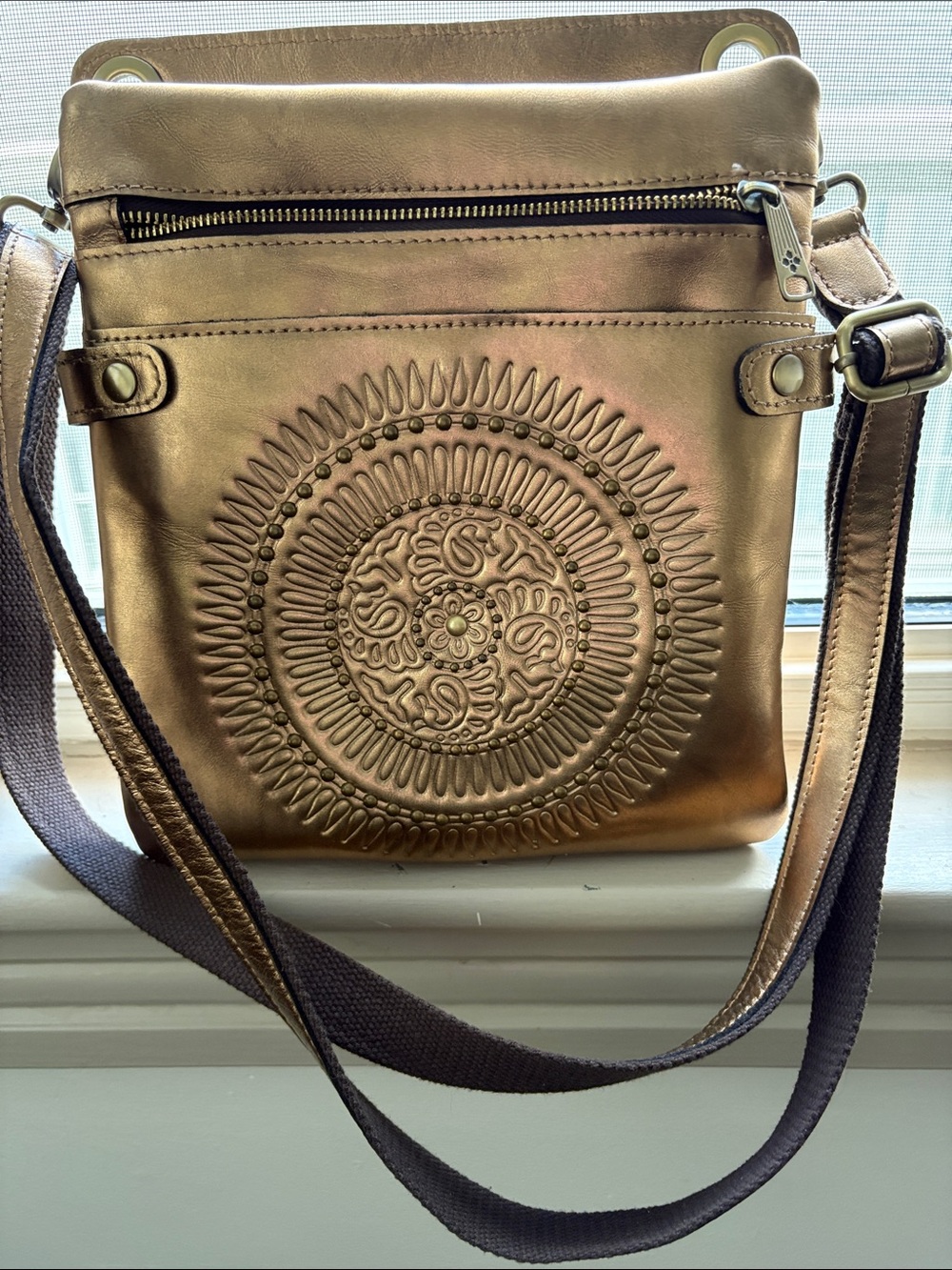 Patricia Nash Leather Metallic Bronze Embossed Medallion Crossbody Bag